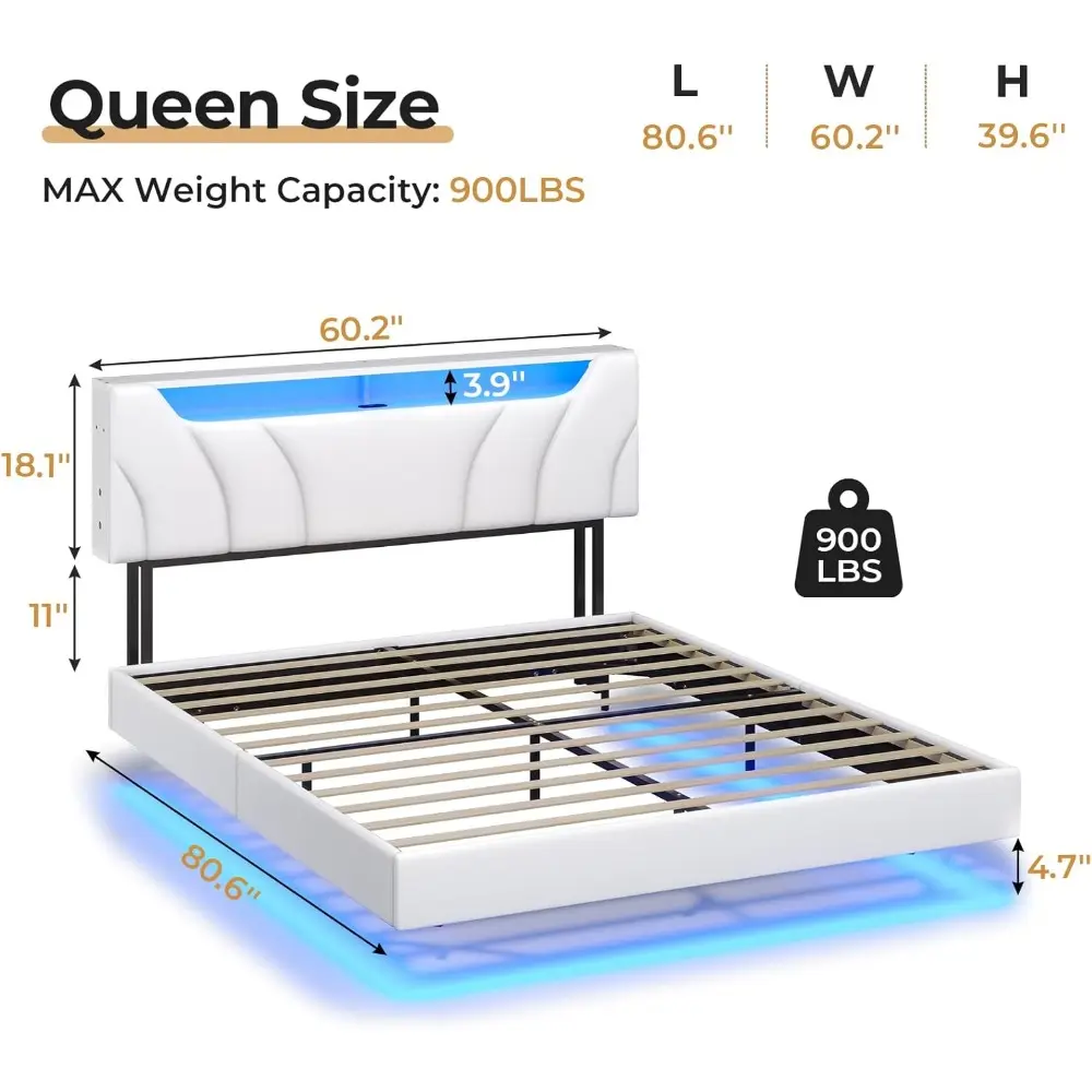 Queen Size LED Lighted Floating Bed Frame with Storage and Faux Leather Upholstered Headboard