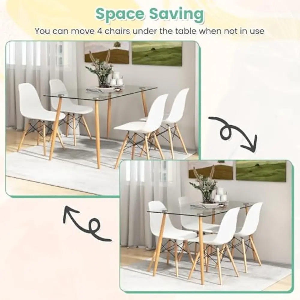 4-Person Rectangular Glass Dining Table with White DSW Chairs Modern Breakfast Nook Set