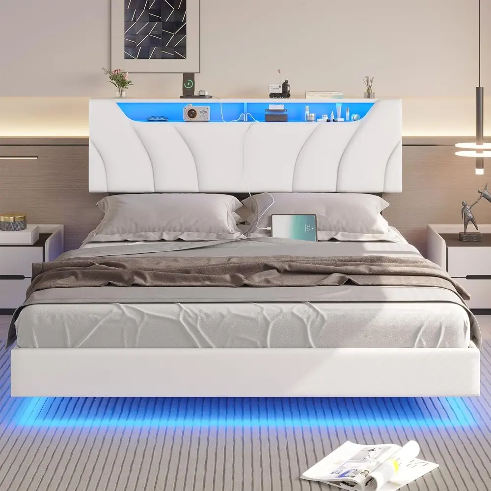 Queen Size LED Lighted Floating Bed Frame with Storage and Faux Leather Upholstered Headboard