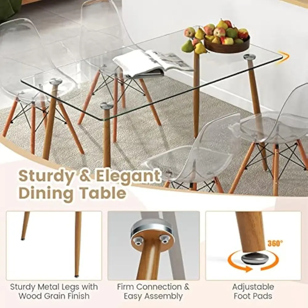 4-Person Rectangular Glass Dining Table with White DSW Chairs Modern Breakfast Nook Set