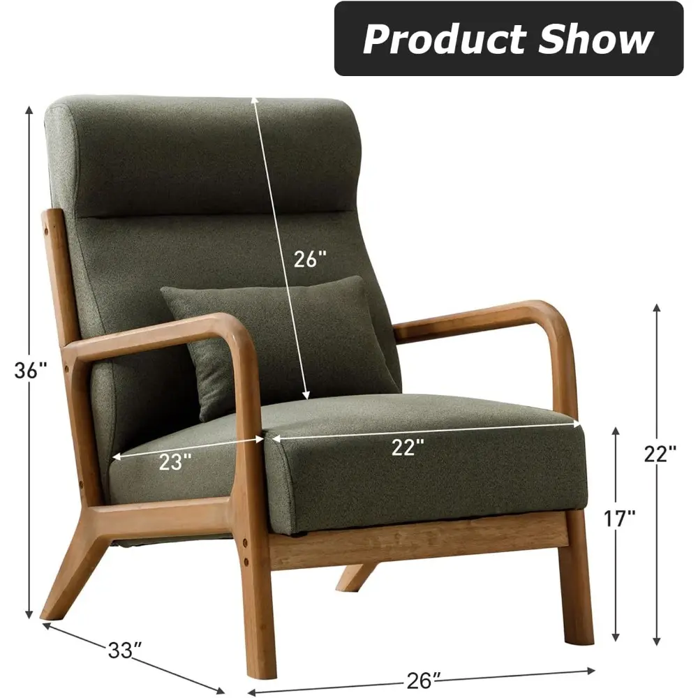 Mid-Century Modern High-Back Accent Chair with Upholstered Waist Cushion and Wooden Frame