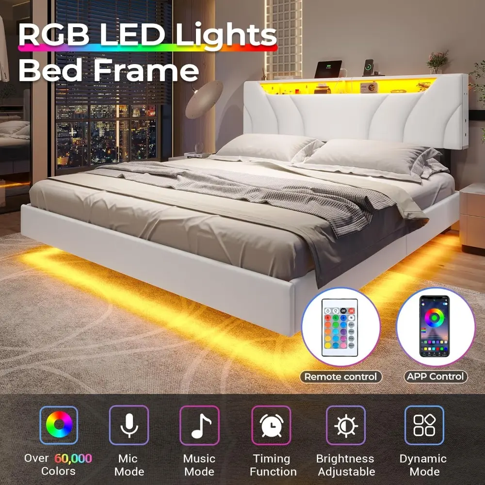 Queen Size LED Lighted Floating Bed Frame with Storage and Faux Leather Upholstered Headboard