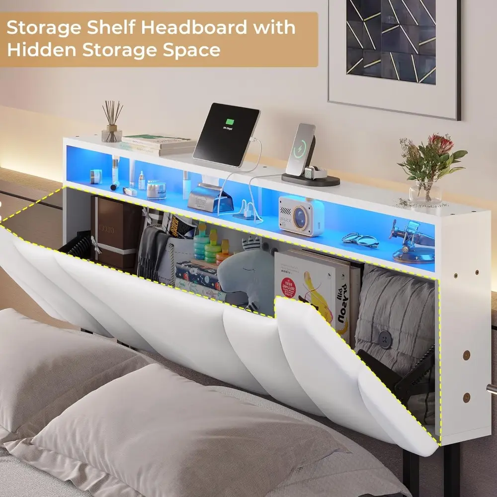 Queen Size LED Lighted Floating Bed Frame with Storage and Faux Leather Upholstered Headboard