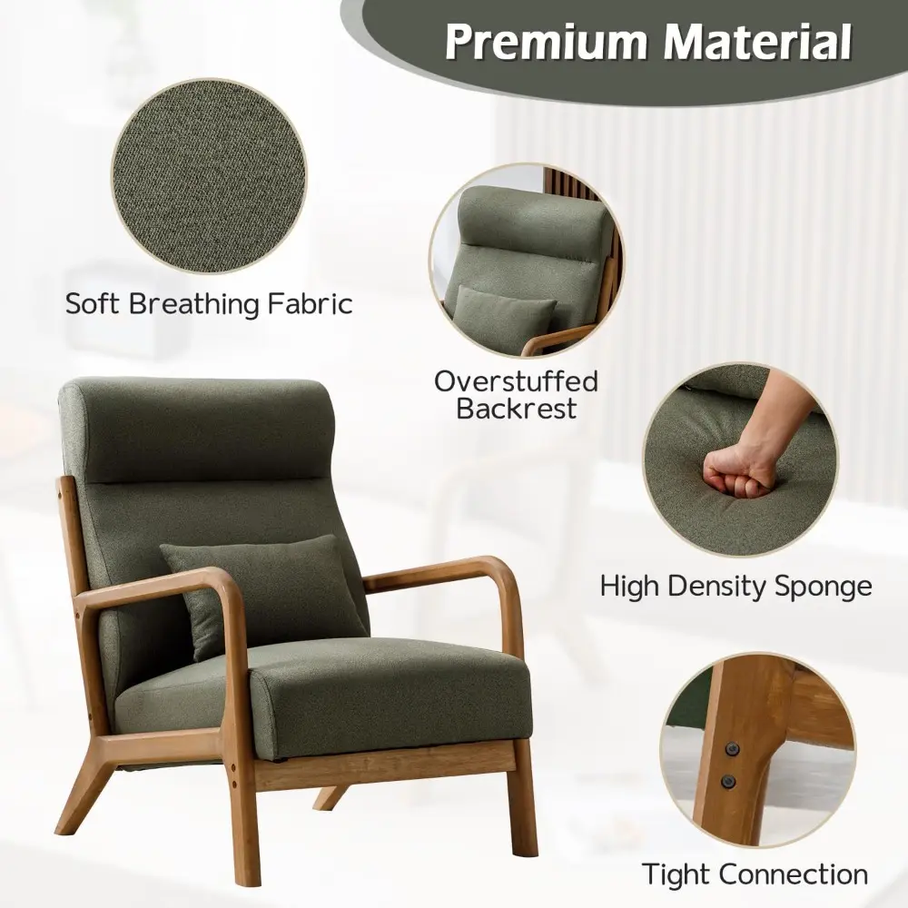 Mid-Century Modern High-Back Accent Chair with Upholstered Waist Cushion and Wooden Frame