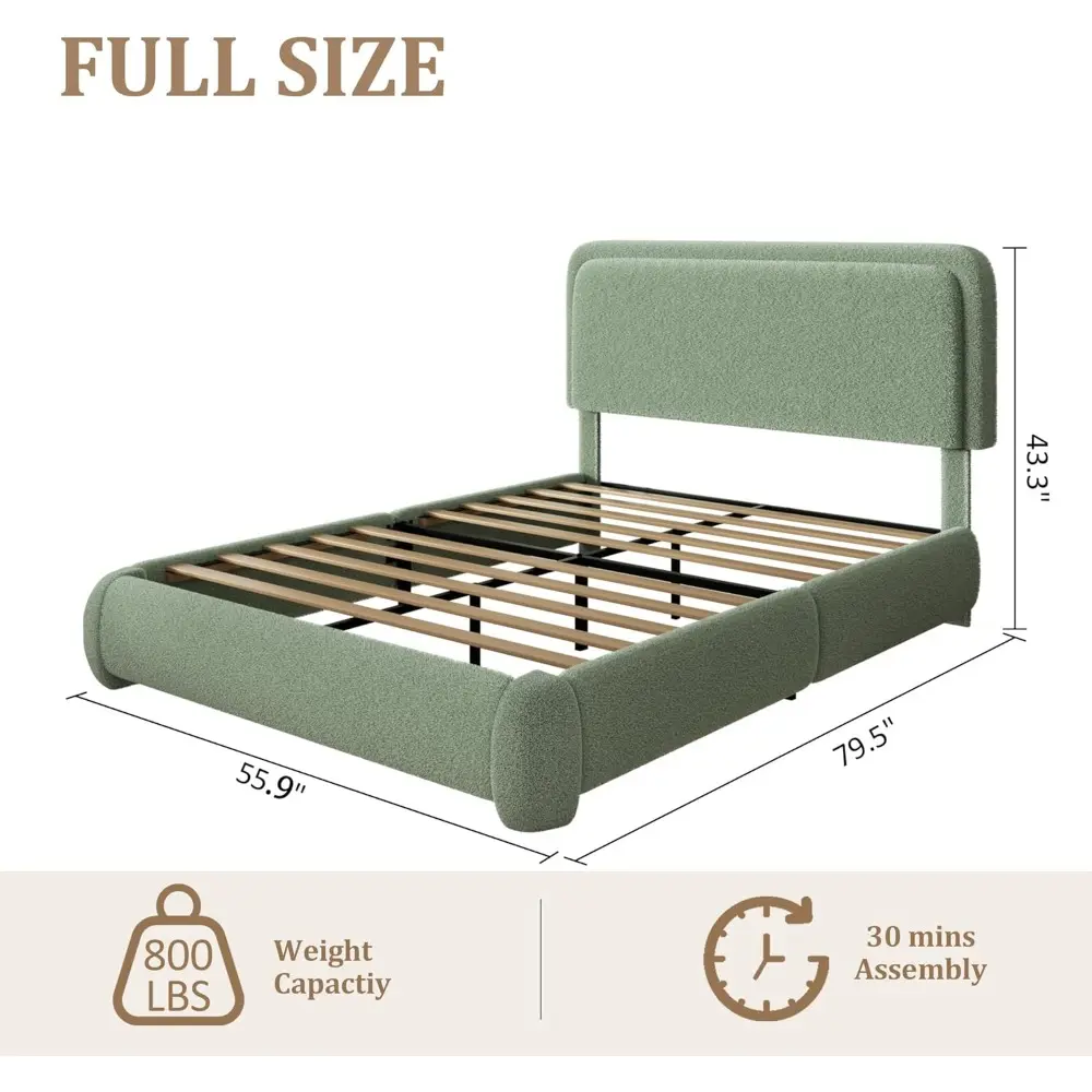 Upholstered Full Size Bed Frame with Adjustable Headboard, Rounded Corners, Low Profile, No Box Spring Needed