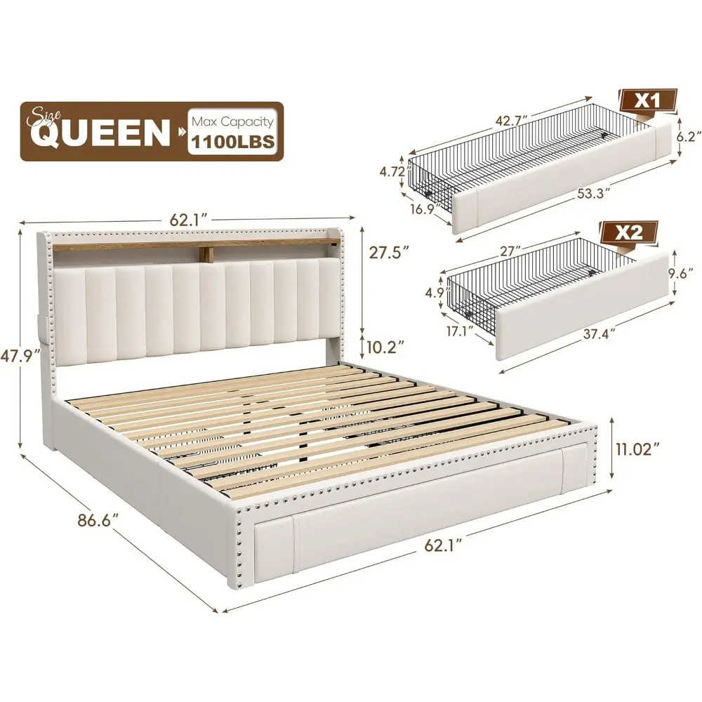 Queen Size Bed Frame with Upholstered Headboard, 3 Storage Drawers, and 2-Tier Shelves, Supporting Up to 1100LBS