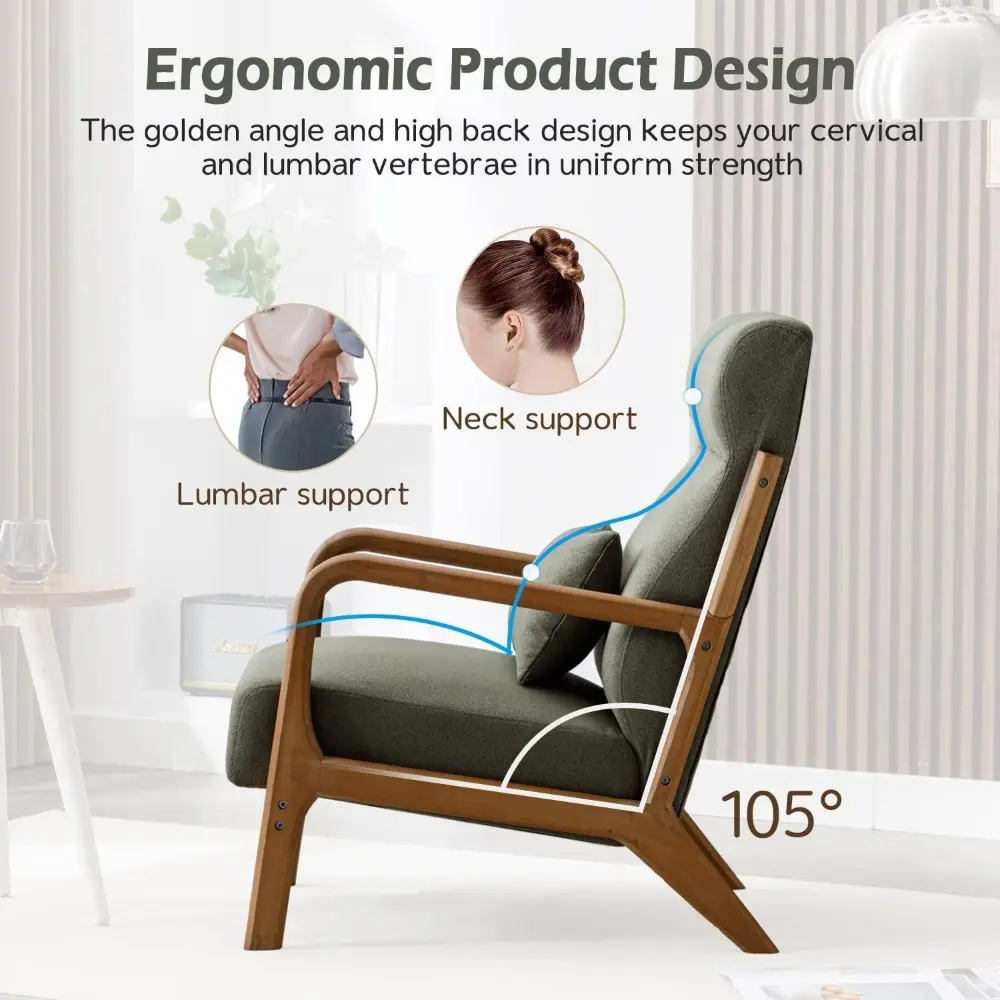 Mid-Century Modern High-Back Accent Chair with Upholstered Waist Cushion and Wooden Frame