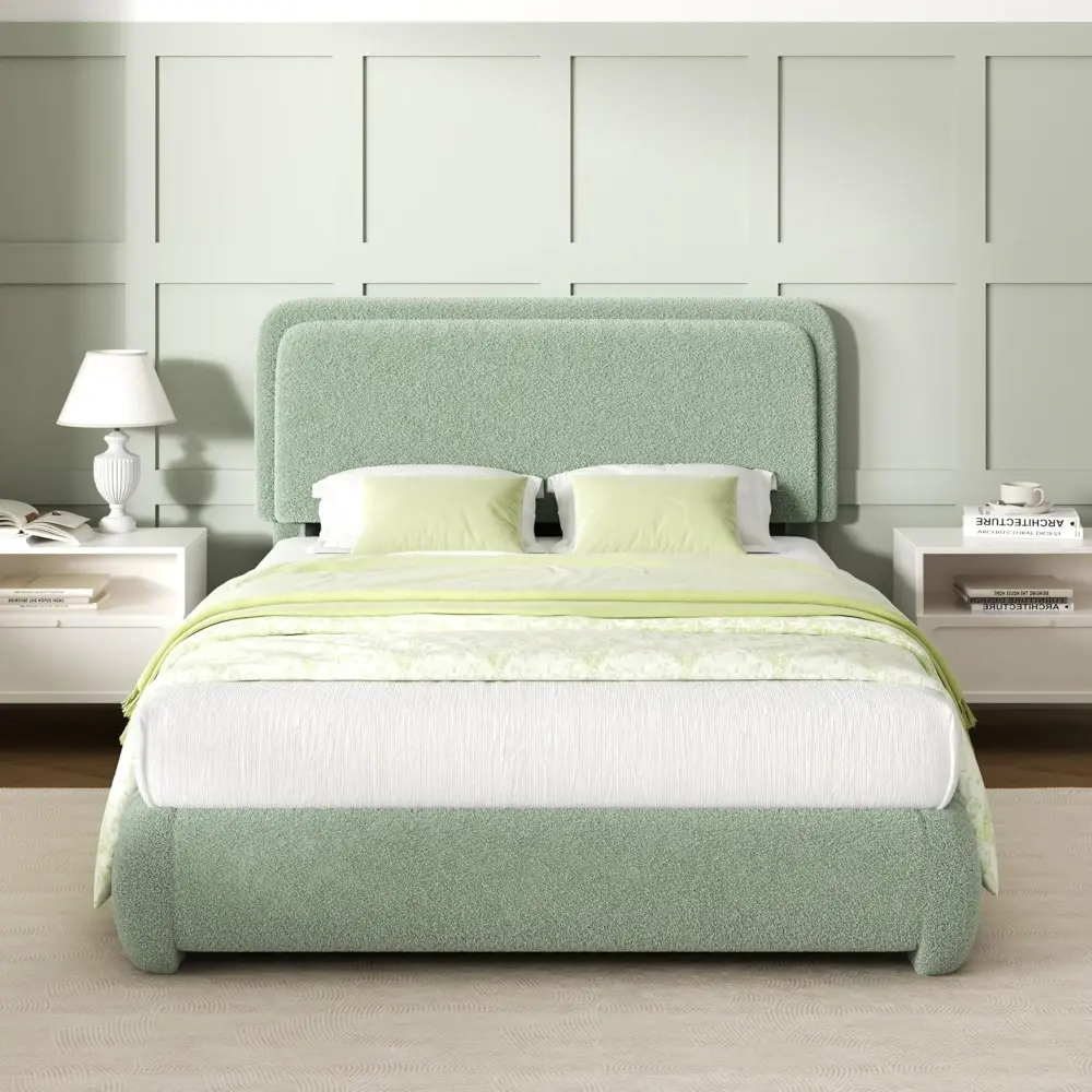 Upholstered Full Size Bed Frame with Adjustable Headboard, Rounded Corners, Low Profile, No Box Spring Needed