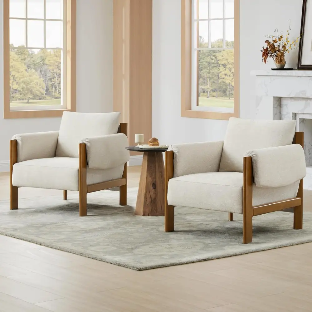Mid-Century Modern Linen Fabric Accent Chair with Solid Wood Frame for Living Spaces