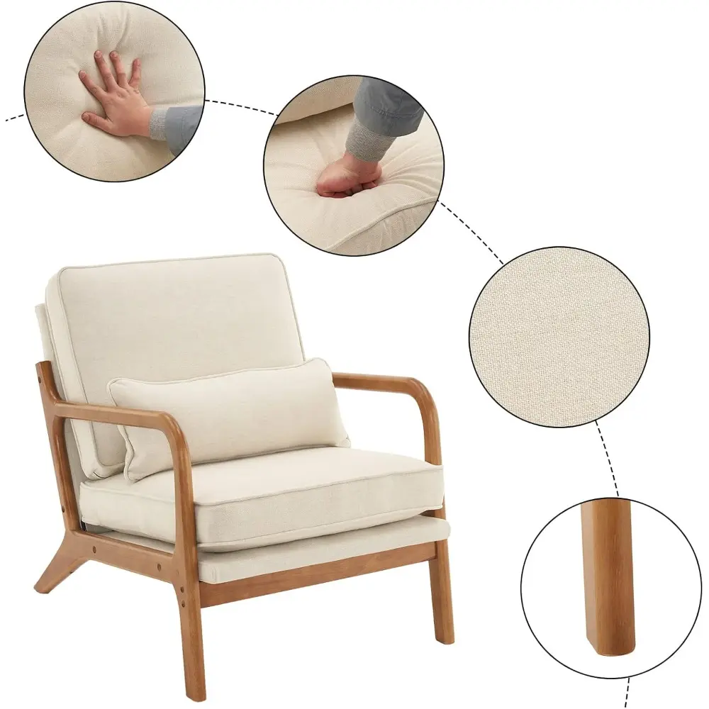 Pair of Mid-Century Modern Beige Upholstered Lounge Chairs, Fabric Accent Chairs for Reading and Side Seating