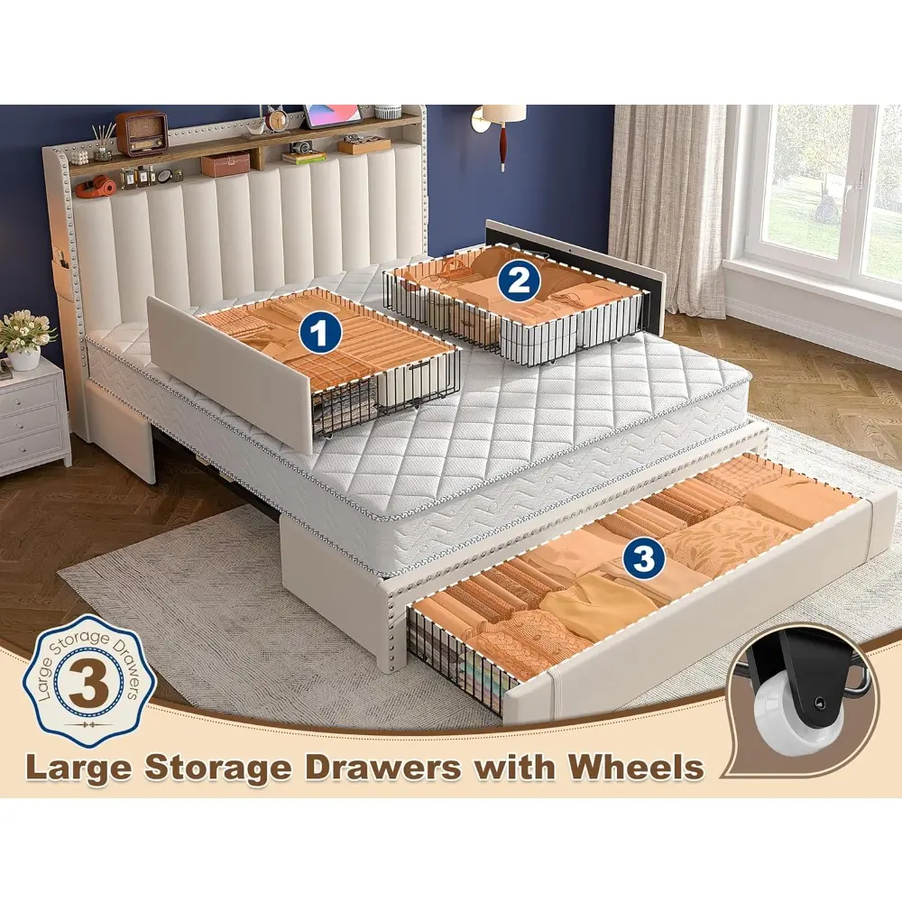 Queen Size Bed Frame with Upholstered Headboard, 3 Storage Drawers, and 2-Tier Shelves, Supporting Up to 1100LBS
