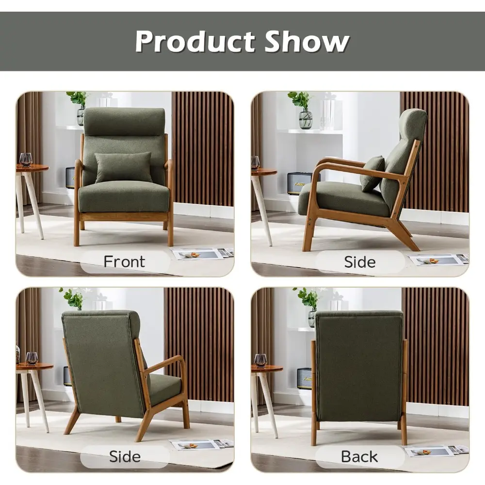 Mid-Century Modern High-Back Accent Chair with Upholstered Waist Cushion and Wooden Frame