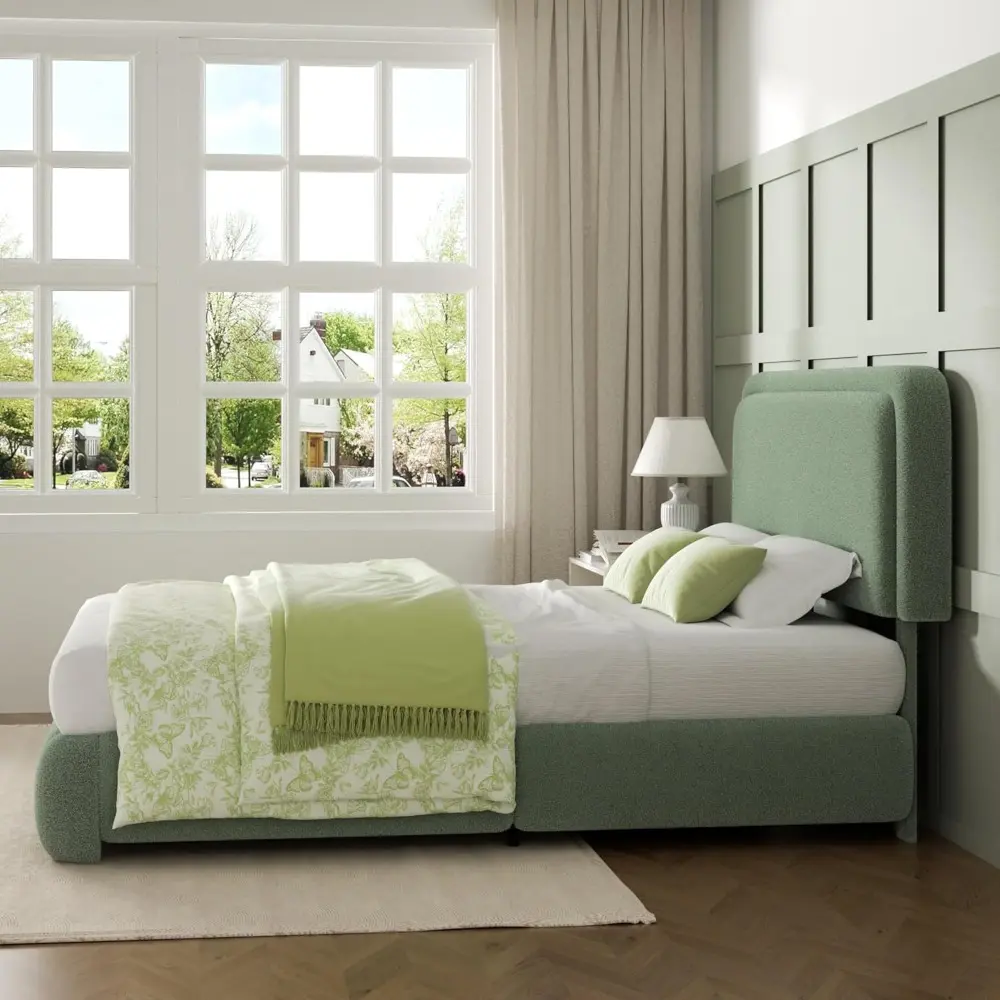 Upholstered Full Size Bed Frame with Adjustable Headboard, Rounded Corners, Low Profile, No Box Spring Needed