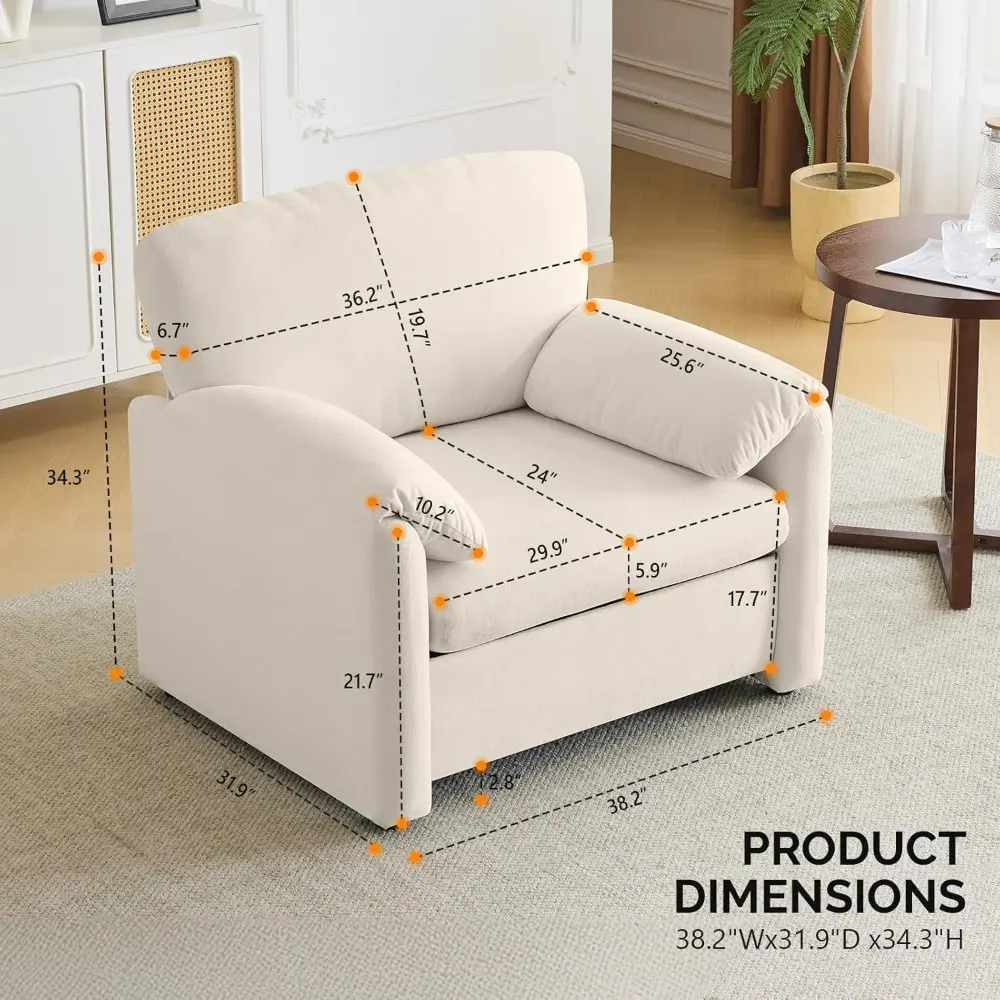 Pair of Beige Oversized 38" Comfortable Upholstered Lounge Chairs with Soft Chenille Fabric for Living Room Reading