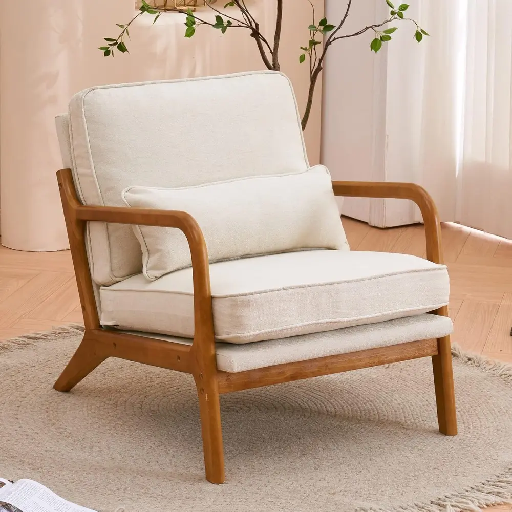 Pair of Mid-Century Modern Beige Upholstered Lounge Chairs, Fabric Accent Chairs for Reading and Side Seating