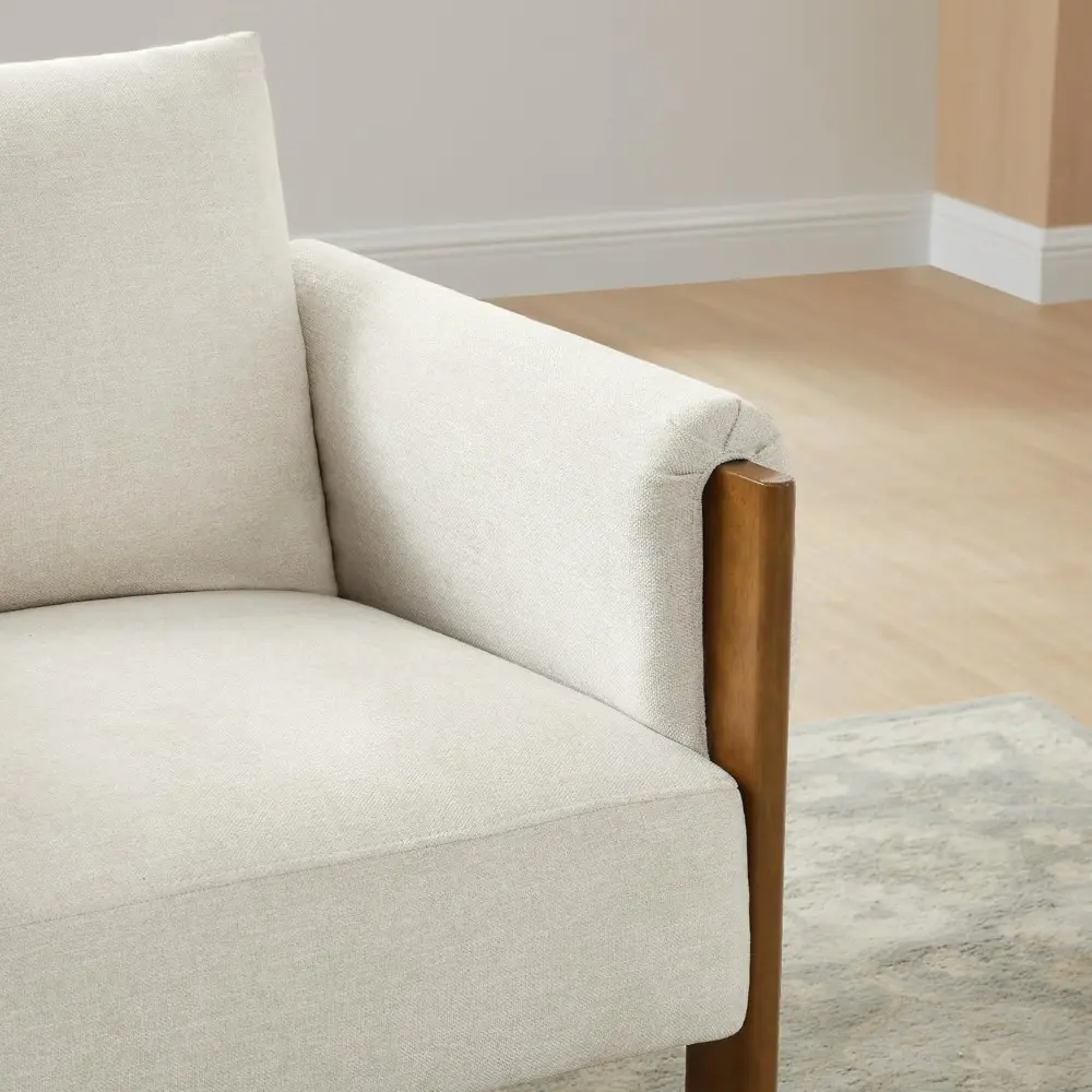 Mid-Century Modern Linen Fabric Accent Chair with Solid Wood Frame for Living Spaces