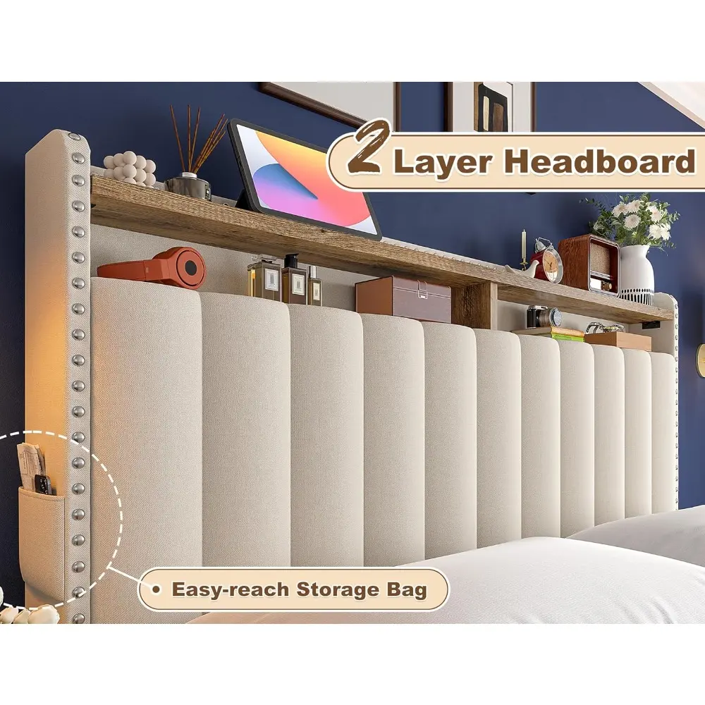 Queen Size Bed Frame with Upholstered Headboard, 3 Storage Drawers, and 2-Tier Shelves, Supporting Up to 1100LBS