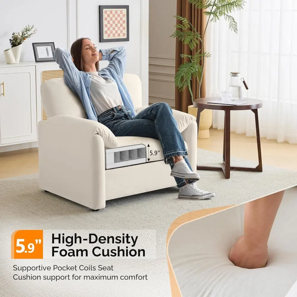 Pair of Beige Oversized 38" Comfortable Upholstered Lounge Chairs with Soft Chenille Fabric for Living Room Reading