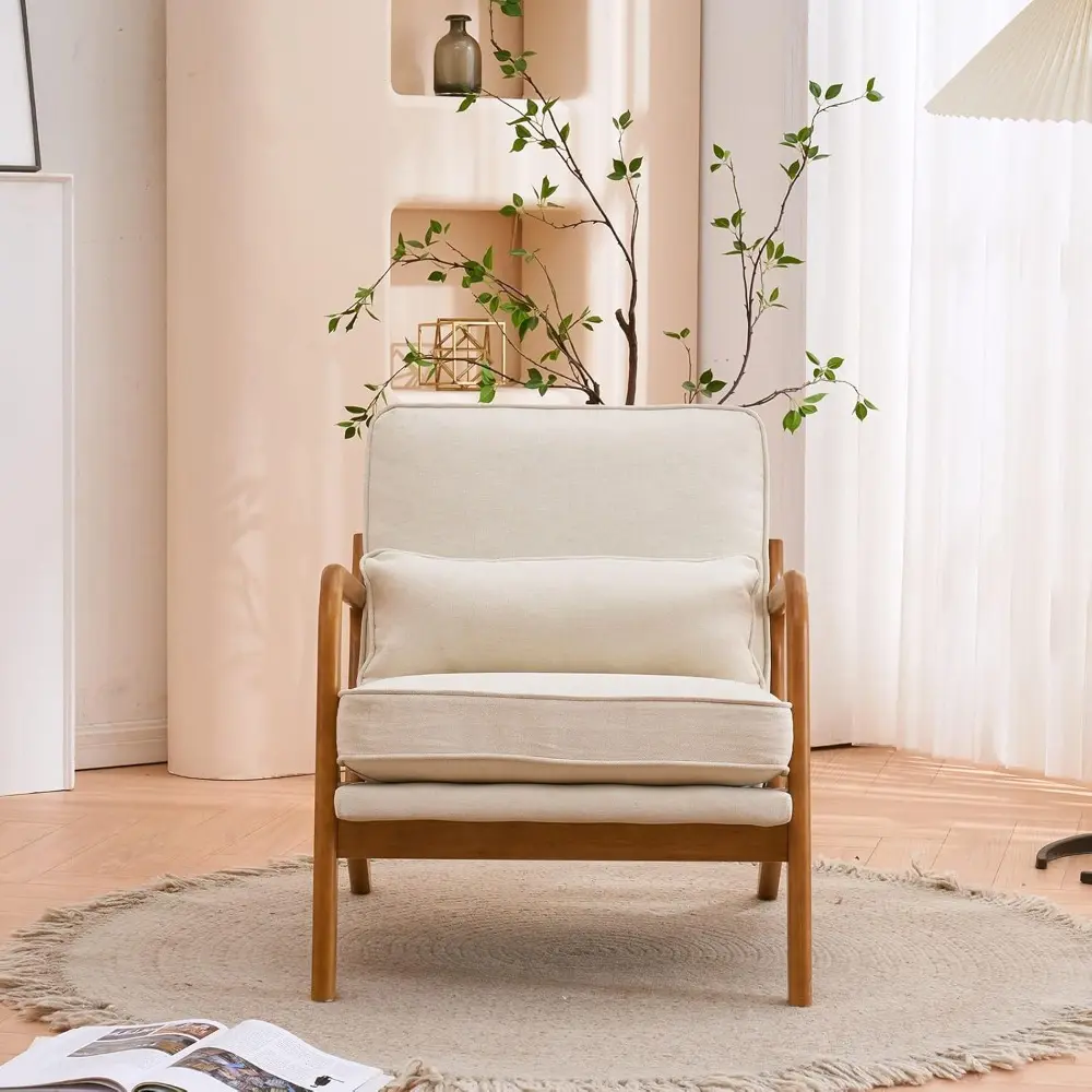 Pair of Mid-Century Modern Beige Upholstered Lounge Chairs, Fabric Accent Chairs for Reading and Side Seating