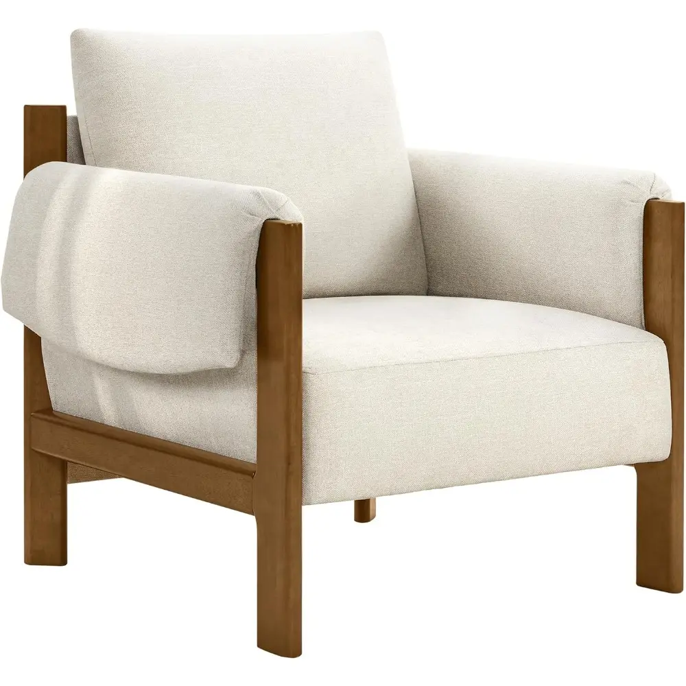Mid-Century Modern Linen Fabric Accent Chair with Solid Wood Frame for Living Spaces