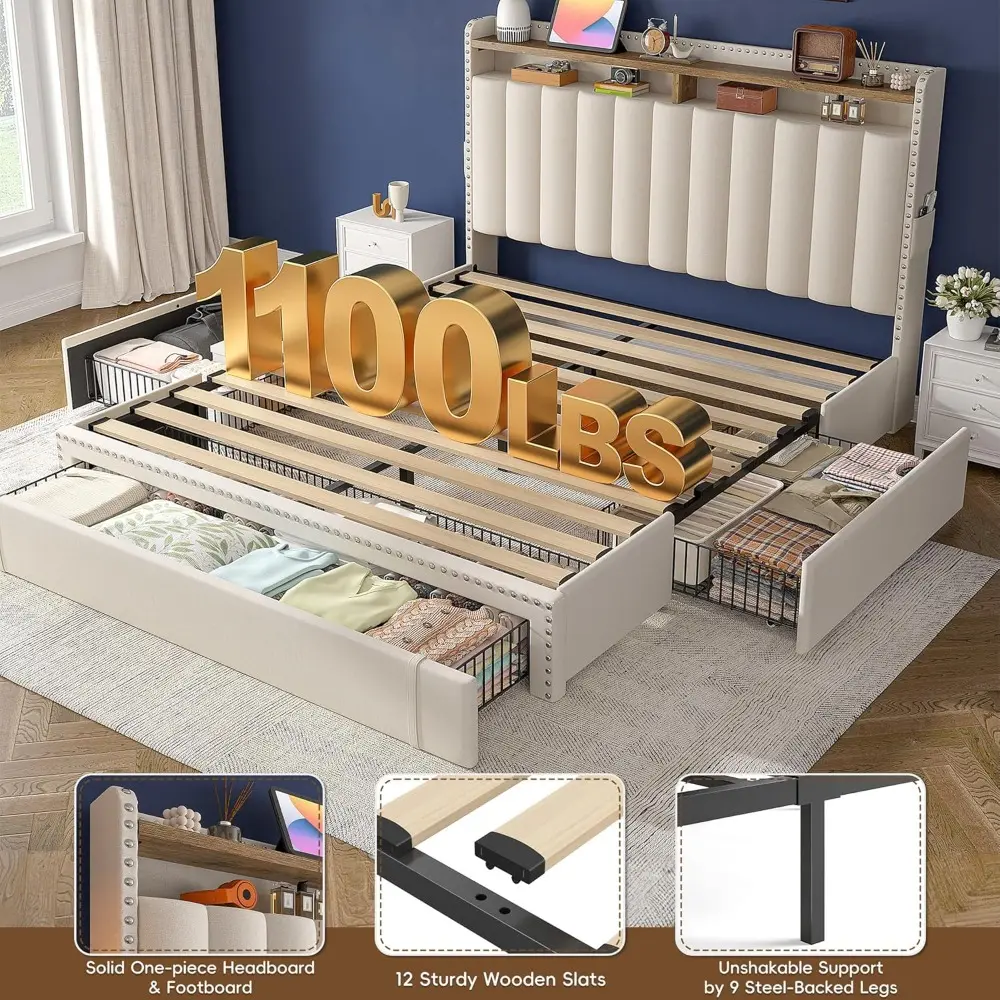 Queen Size Bed Frame with Upholstered Headboard, 3 Storage Drawers, and 2-Tier Shelves, Supporting Up to 1100LBS