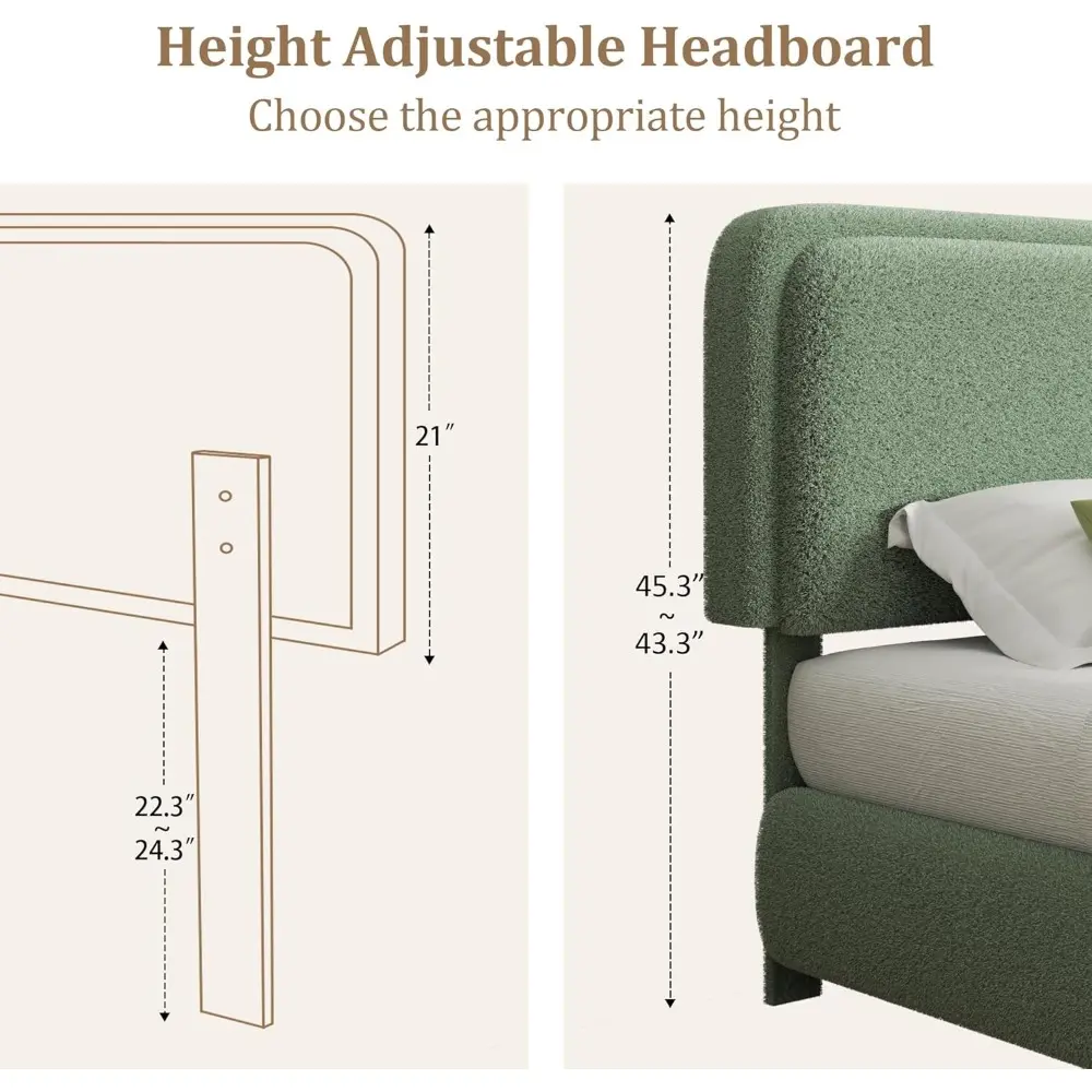 Upholstered Full Size Bed Frame with Adjustable Headboard, Rounded Corners, Low Profile, No Box Spring Needed