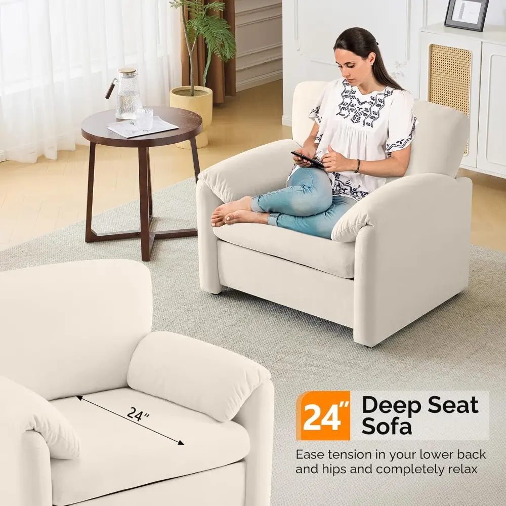 Pair of Beige Oversized 38" Comfortable Upholstered Lounge Chairs with Soft Chenille Fabric for Living Room Reading