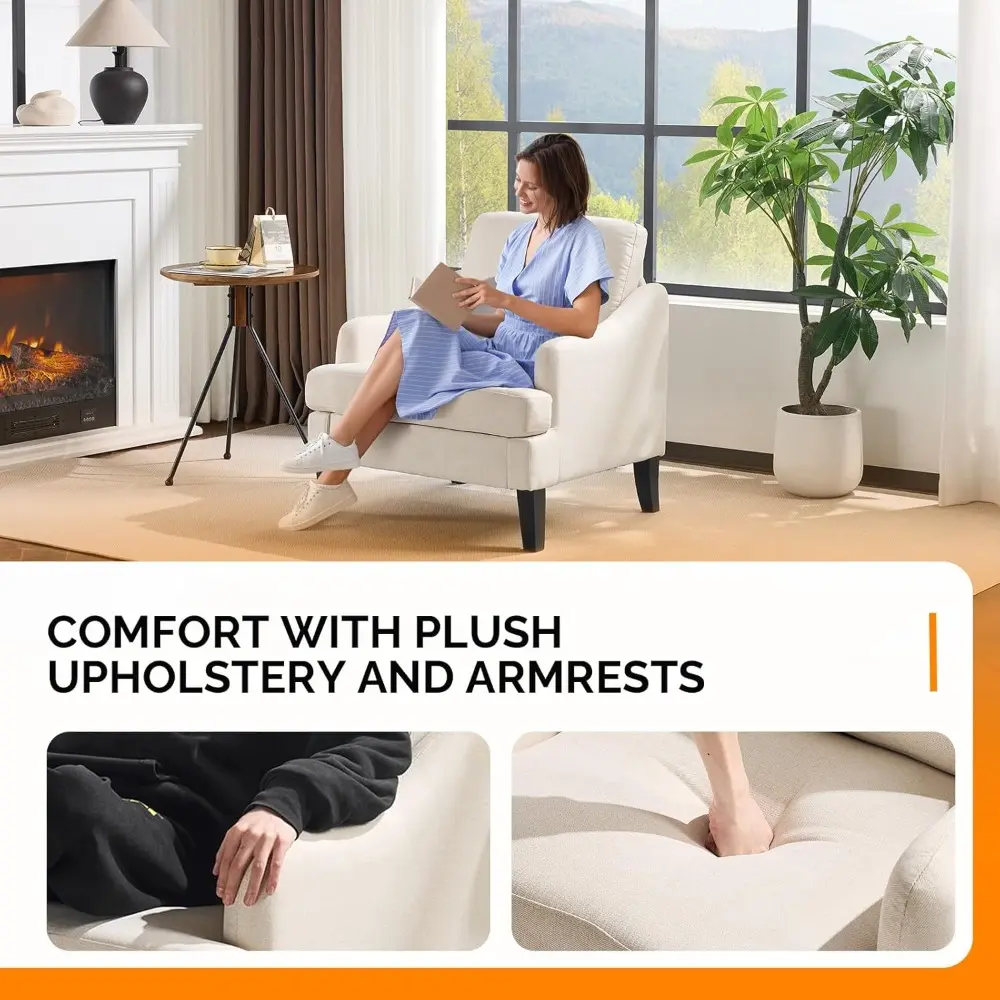 Beige Linen Fabric Accent Chairs, Modern Upholstered Pair for Comfortable Living and Bedroom Spaces