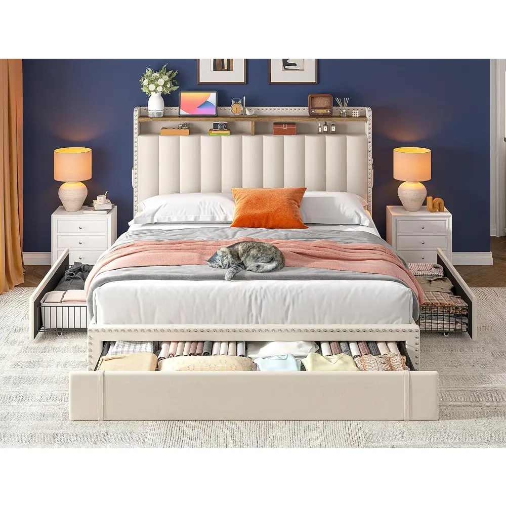 Queen Size Bed Frame with Upholstered Headboard, 3 Storage Drawers, and 2-Tier Shelves, Supporting Up to 1100LBS