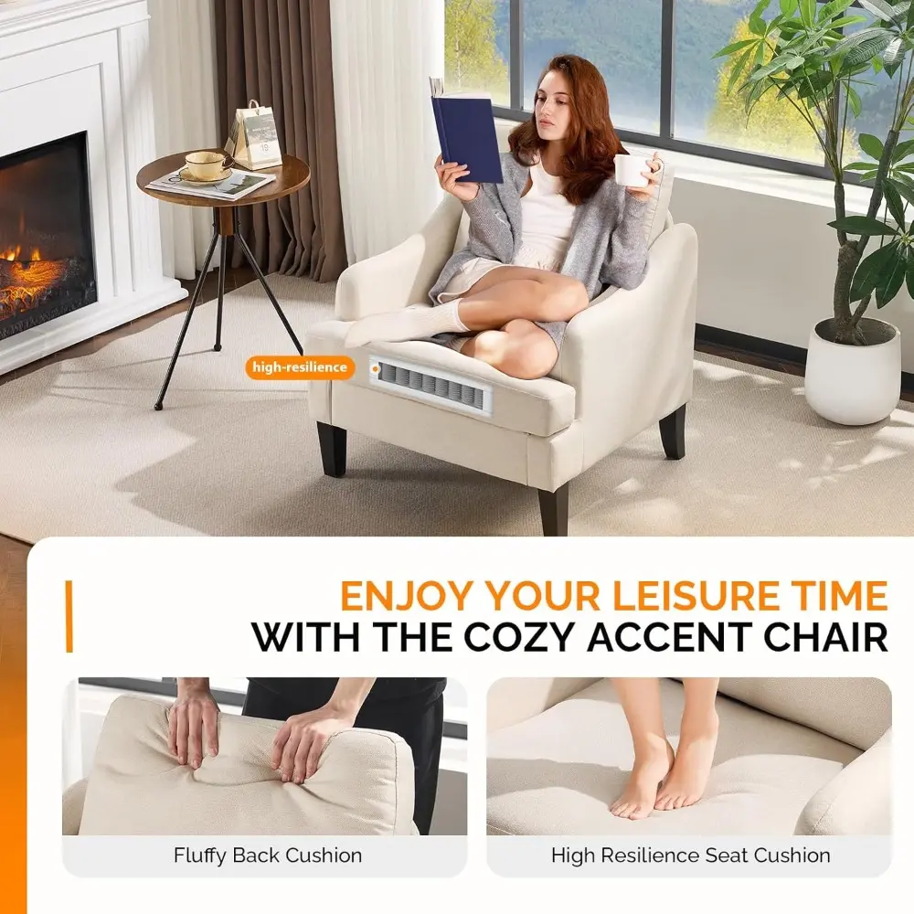 Beige Linen Fabric Accent Chairs, Modern Upholstered Pair for Comfortable Living and Bedroom Spaces
