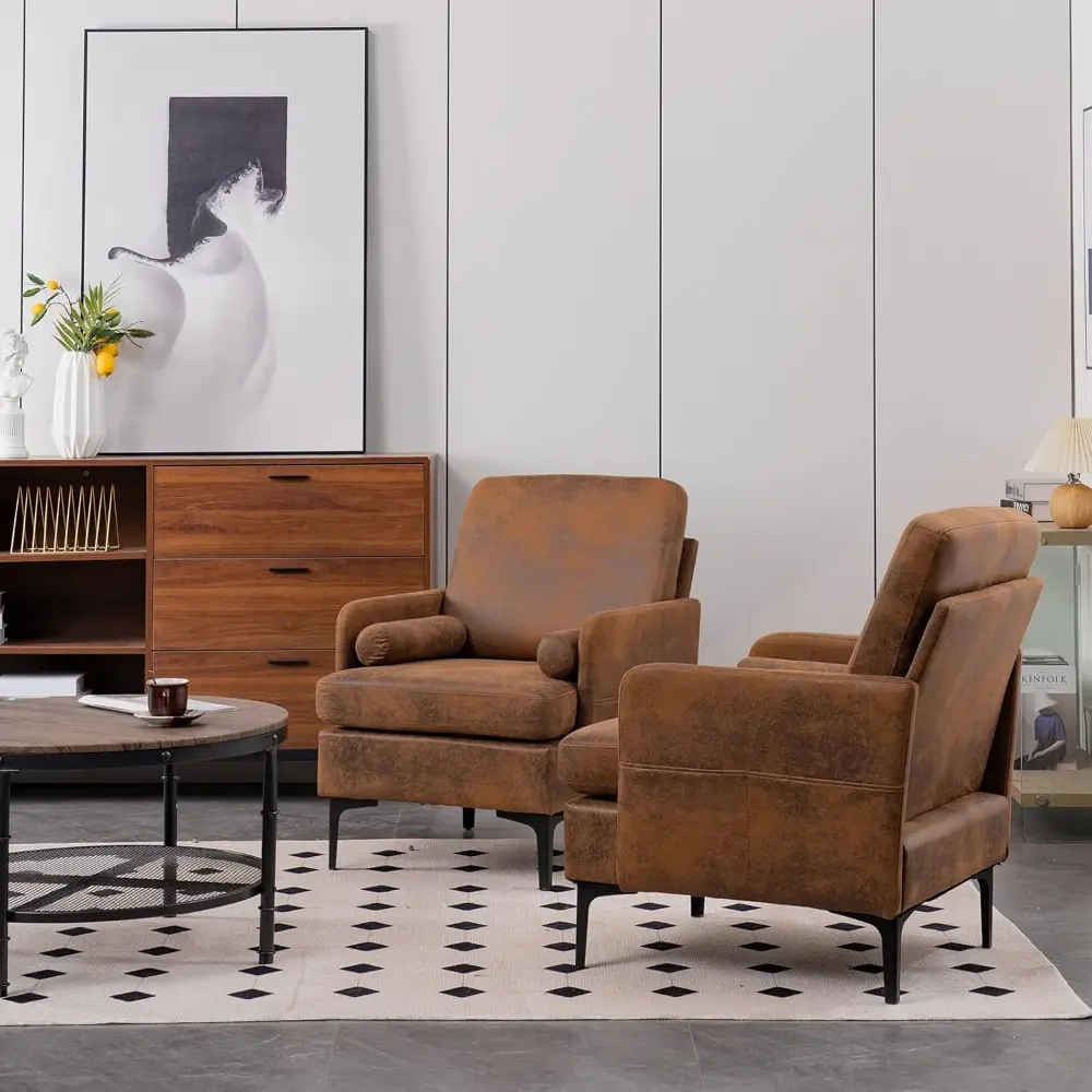 Rustic 2-Piece Accent Chair Set - Comfortable Cross-Legged Reading Chairs with Upholstered Sofa Armchairs for Cozy Corner Seatin
