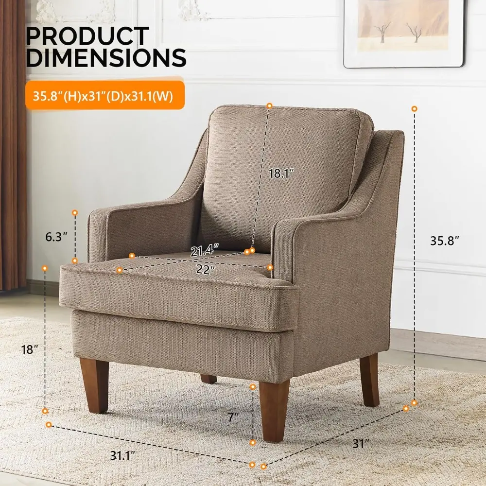 Pair of Mid-Century Modern Light Brown Upholstered Accent Chairs, Comfortable High-Back Sofa Chairs for Living Room and Reading