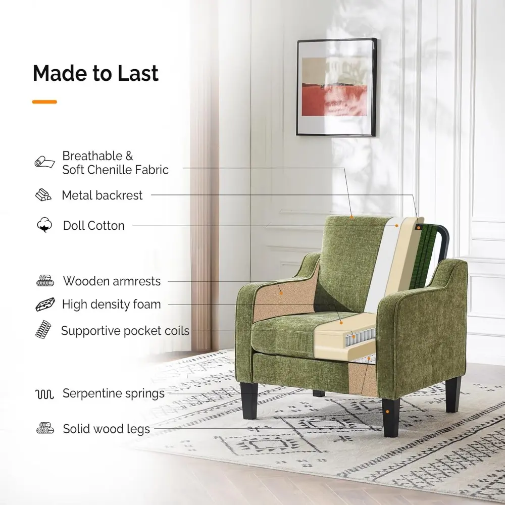 Pair of Olive Green Mid-Century Modern Accent Chairs for Living Room and Bedroom