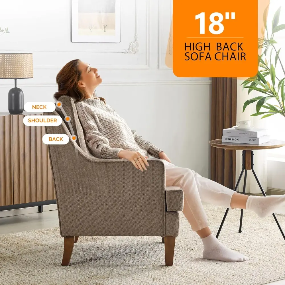 Pair of Mid-Century Modern Light Brown Upholstered Accent Chairs, Comfortable High-Back Sofa Chairs for Living Room and Reading