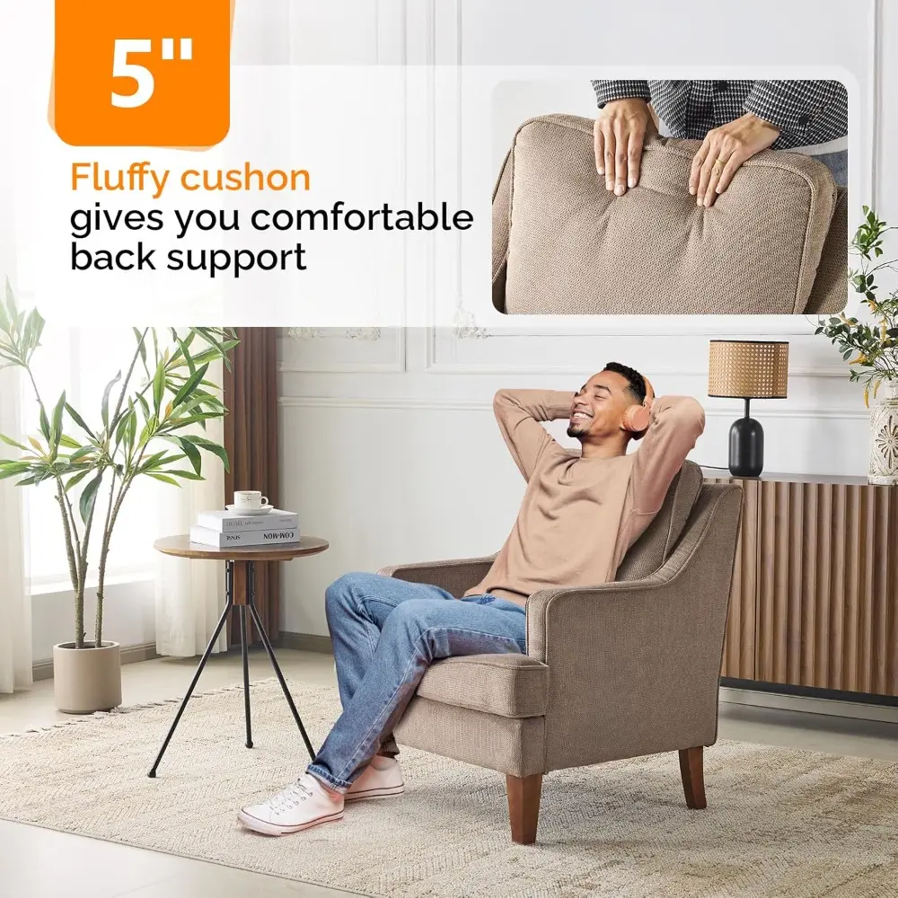Pair of Mid-Century Modern Light Brown Upholstered Accent Chairs, Comfortable High-Back Sofa Chairs for Living Room and Reading