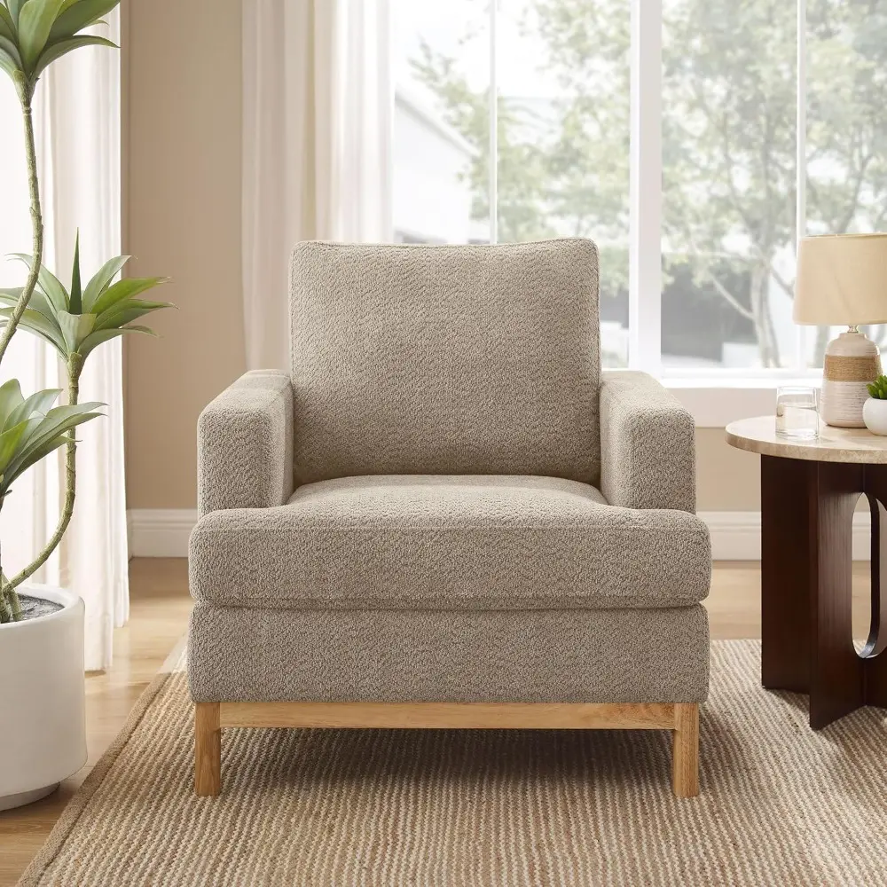 Contemporary Plush Single Sofa Chair with Wooden Legs, Oversized Reading Chair for Living Room, Upholstered Accent Furniture