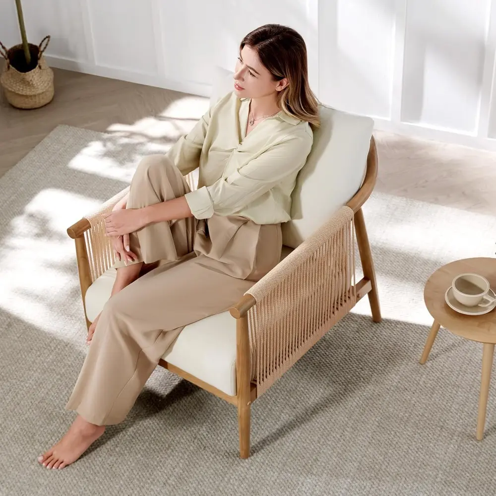 Pair of Modern Cream Braid Armchairs for Living Room Accent