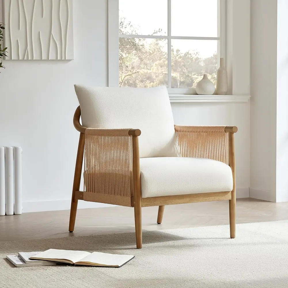 Pair of Modern Cream Braid Armchairs for Living Room Accent