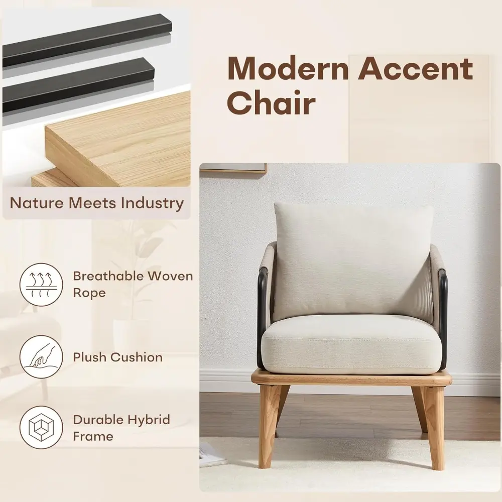 Mid-Century Modern Accent Chair with Braided Armrests: Ideal for Living Room, Bedroom, or Outdoor Spaces