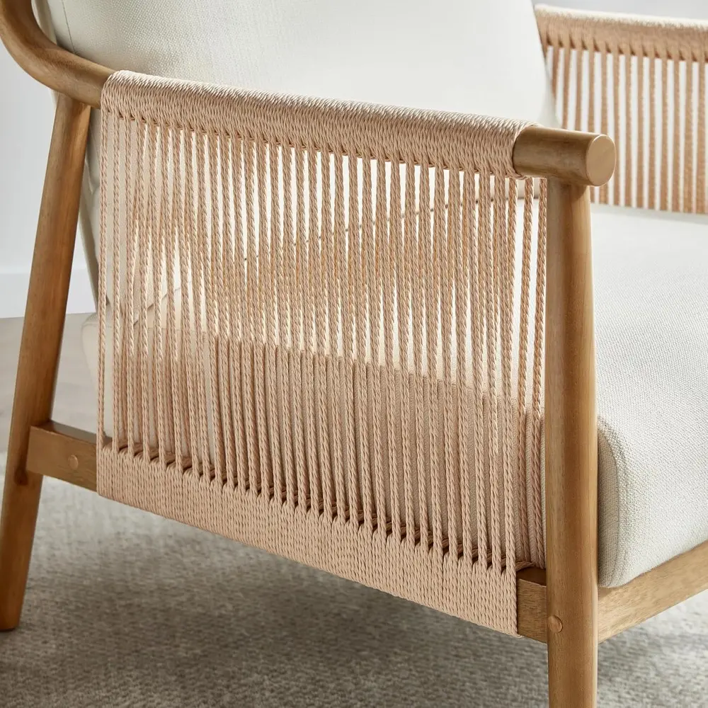 Pair of Modern Cream Braid Armchairs for Living Room Accent