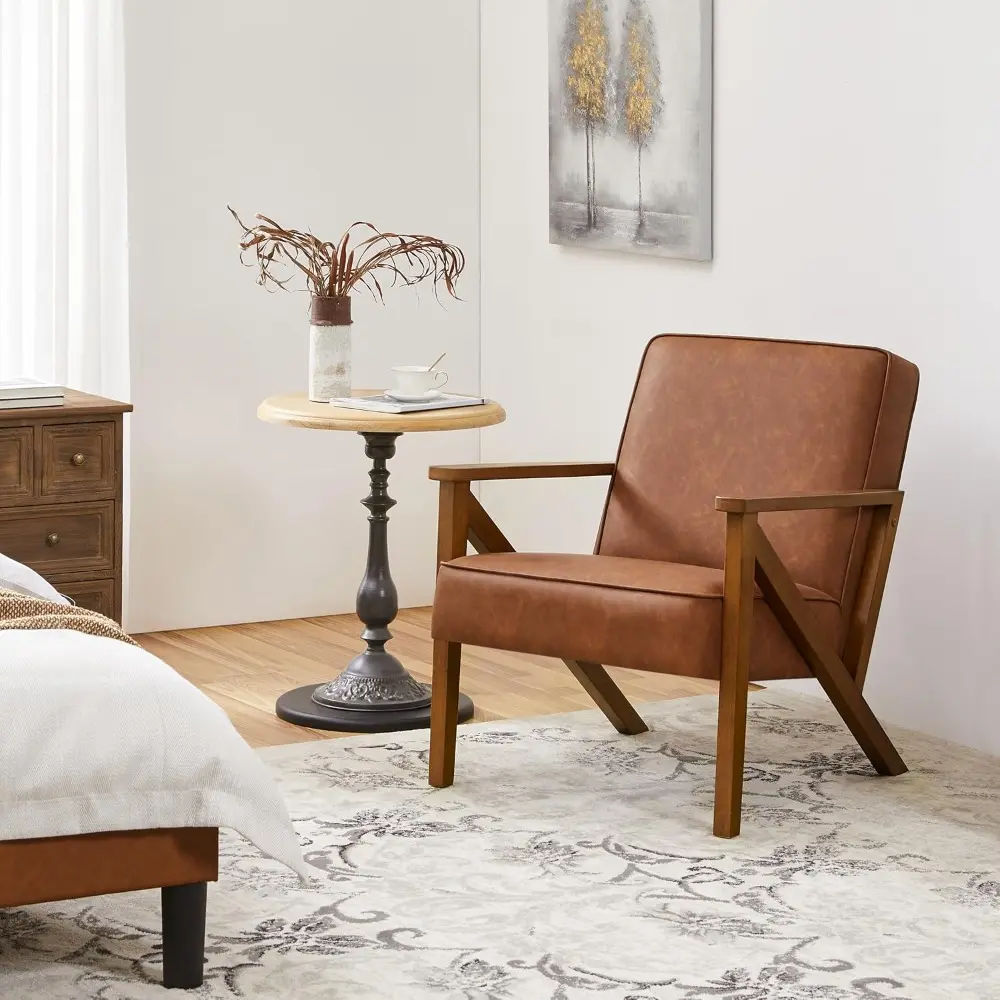 Modern PU Leather Retro Accent Chair with Solid Wood Frame for Living Rooms, Lounges, Offices, and Reception Areas