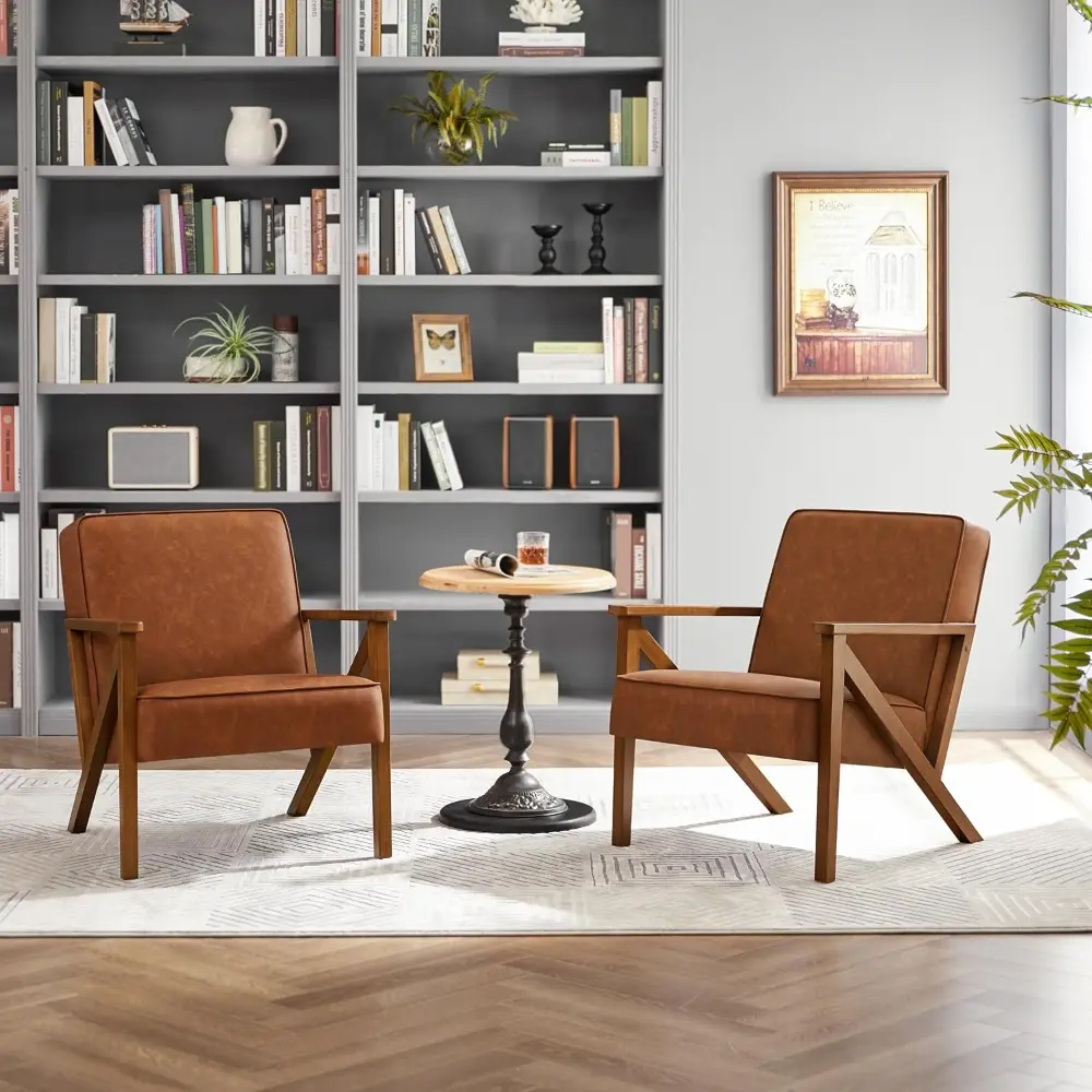 Modern PU Leather Retro Accent Chair with Solid Wood Frame for Living Rooms, Lounges, Offices, and Reception Areas