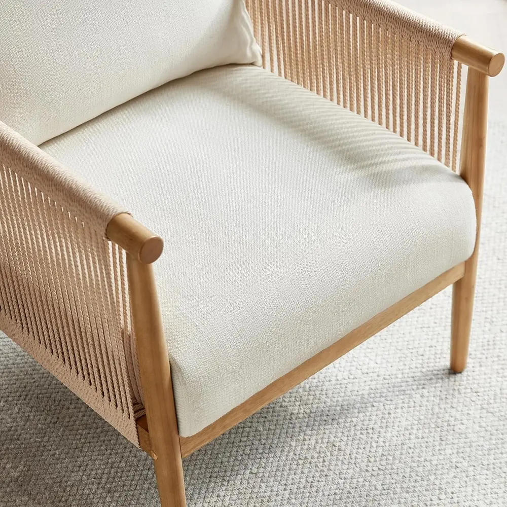 Pair of Modern Cream Braid Armchairs for Living Room Accent