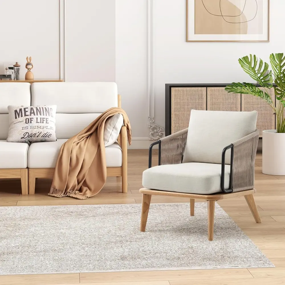 Mid-Century Modern Accent Chair with Braided Armrests: Ideal for Living Room, Bedroom, or Outdoor Spaces