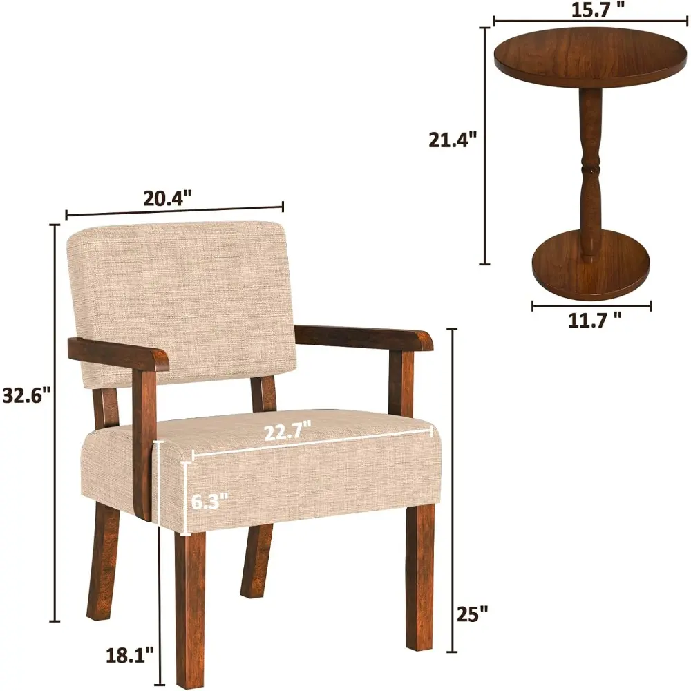 Pair of Accent Chairs with Table, Comfortable Living and Bedroom Seating for Reading and Waiting Rooms