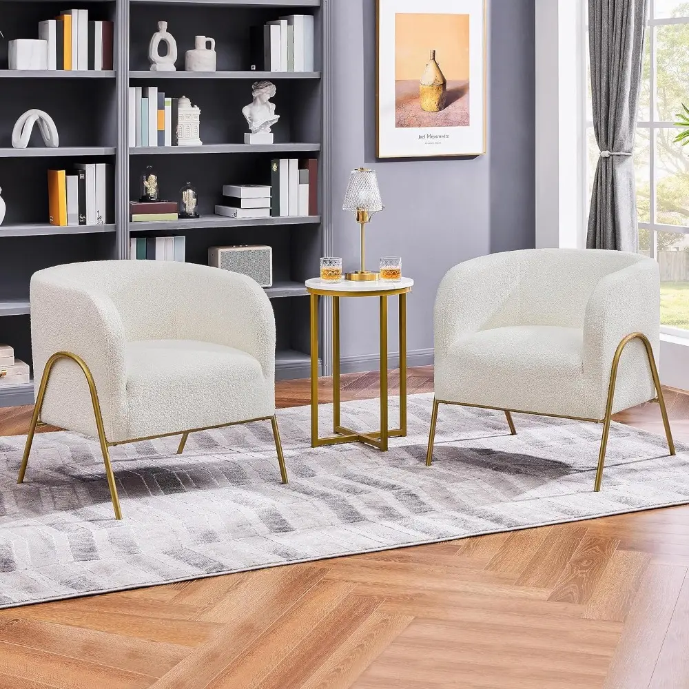 Pair of Accent Chairs, Living Room Armchairs, Side Chairs with Boucle Fabric and Gold Legs for Bedroom or Office