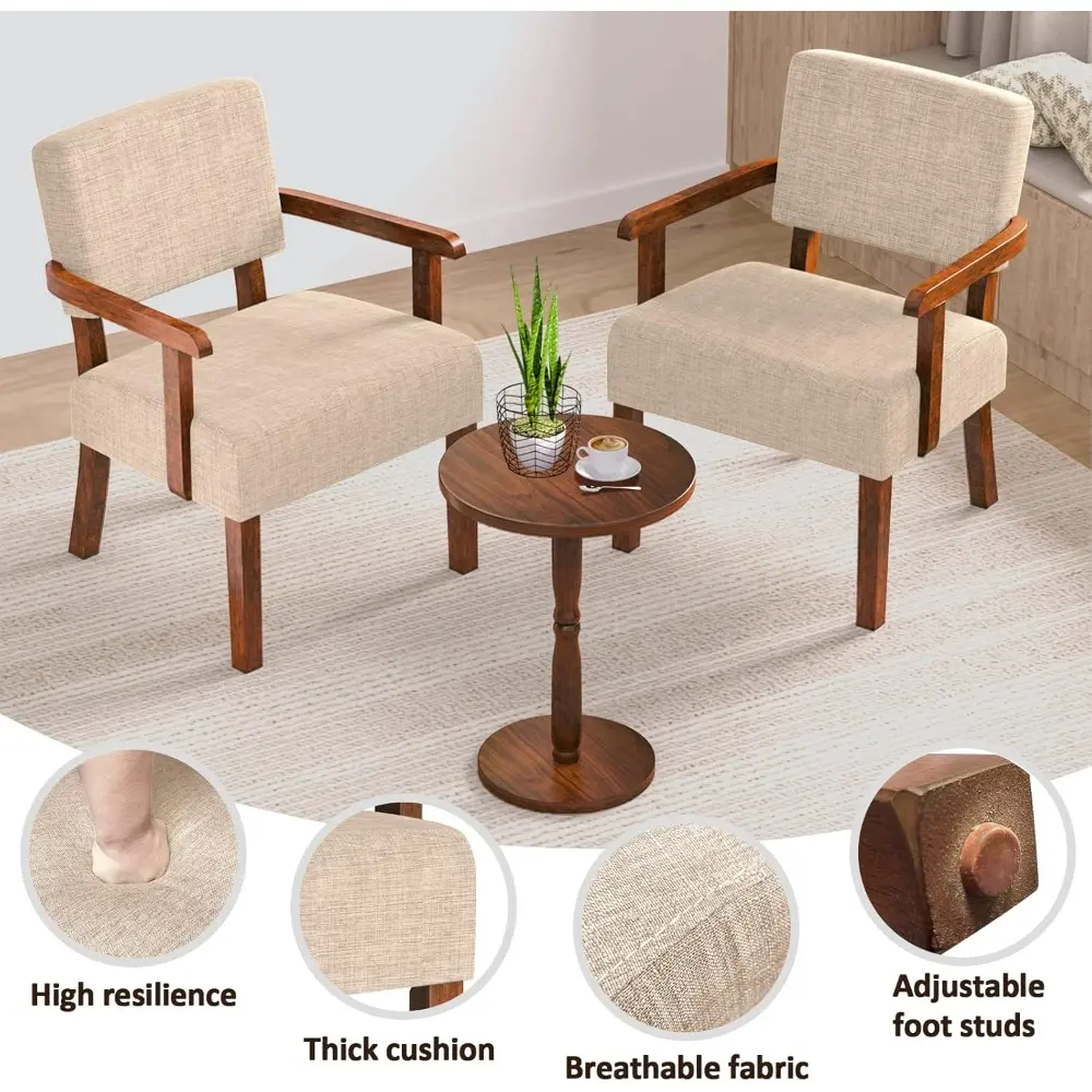 Pair of Accent Chairs with Table, Comfortable Living and Bedroom Seating for Reading and Waiting Rooms