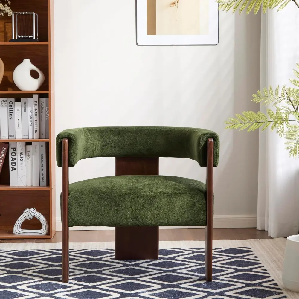 Mid-Century Velvet Barrel-Back Accent Chair with Walnut Legs