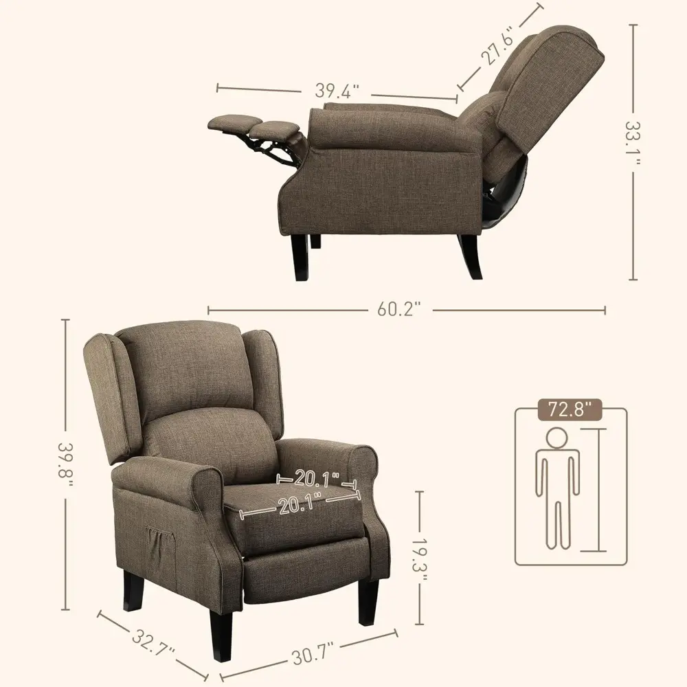 Modern Linen Fabric Reclining Chair with Heat and Wingback for Living Room