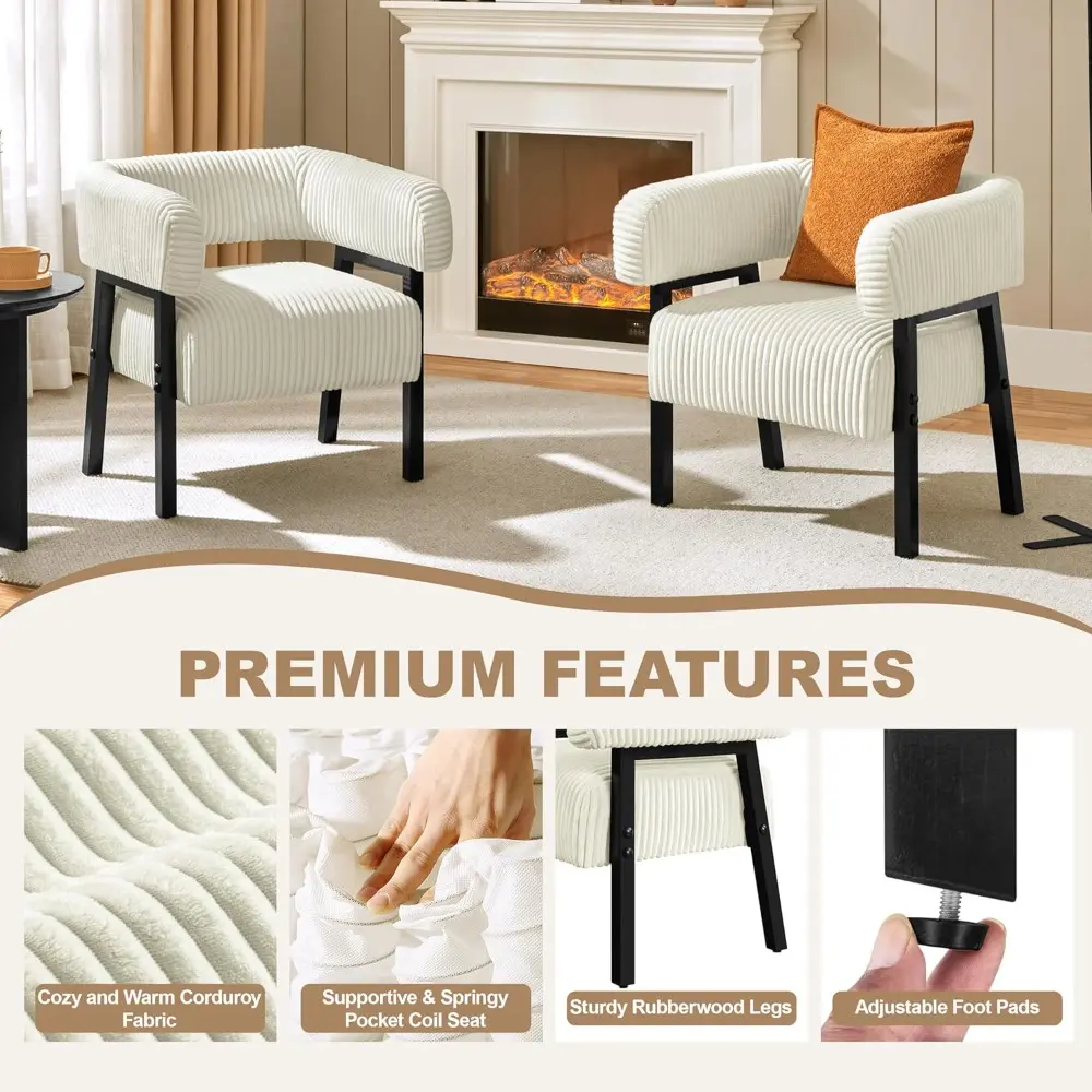Pair of Modern Corduroy Upholstered Barrel Chairs with Solid Wood Legs and Pocket Coil Cushioning